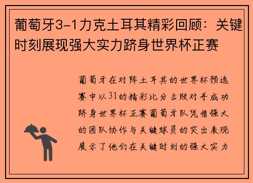 葡萄牙3-1力克土耳其精彩回顾：关键时刻展现强大实力跻身世界杯正赛
