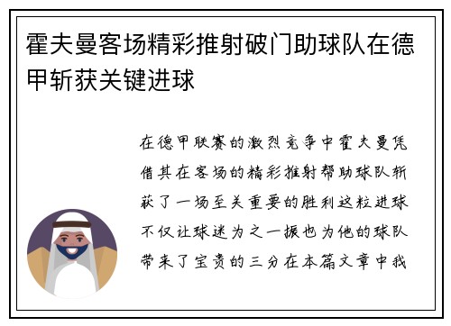霍夫曼客场精彩推射破门助球队在德甲斩获关键进球